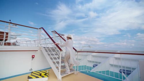 Woman Climbing Stairs on Cruise Ship on Sunny Day