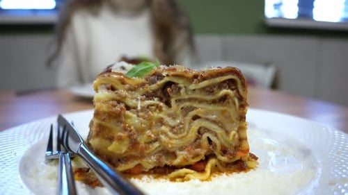 Italian lasagna bolognese with beef sauce close up