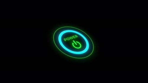 Animação de pressão do botão liga/desliga com anel brilhante e símbolo de energia em fundo transparente.