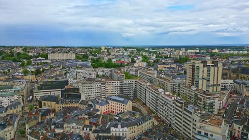 Modern neighborhood of Le Mans city, France. Aerial forward and sky for copy space