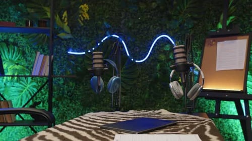 Recording Equipment at Table in Modern Podcast Studio with Neon Decor