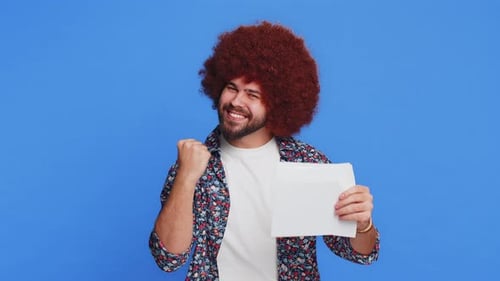 Happy Stylish Man Open Envelope Take Out Letter Reads Bank Loan Approve Great News Award Win