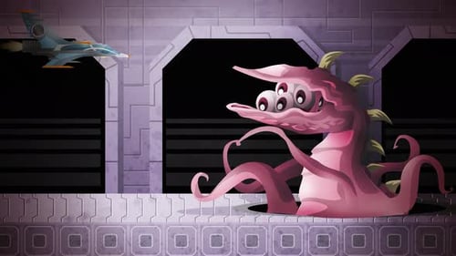 arcade space shooter game with spaceship battling a giant mutant plant enemy