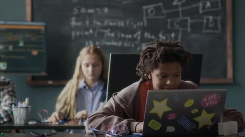 Students Coding on Laptops in Modern Classroom