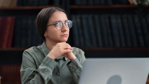 Pensive Business Teacher Student Woman Sad Thinking Planning Analyzing Working Laptop Library Room