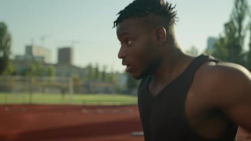 Sporty Athlete Sportsman African American Man Runner Jogger Running on City Sports Stadium Sport