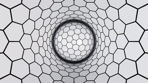 Fondo de bucle de ilusión óptica con bola hexagonal blanca giratoria en túnel