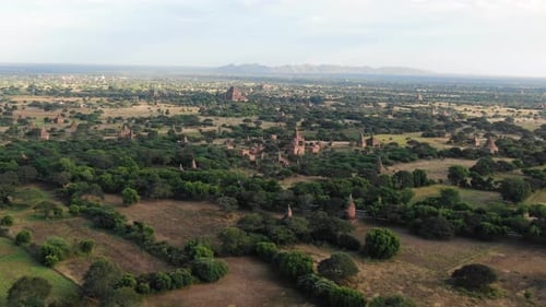 View over Bagan, Myanmar with many Pagodas in background.