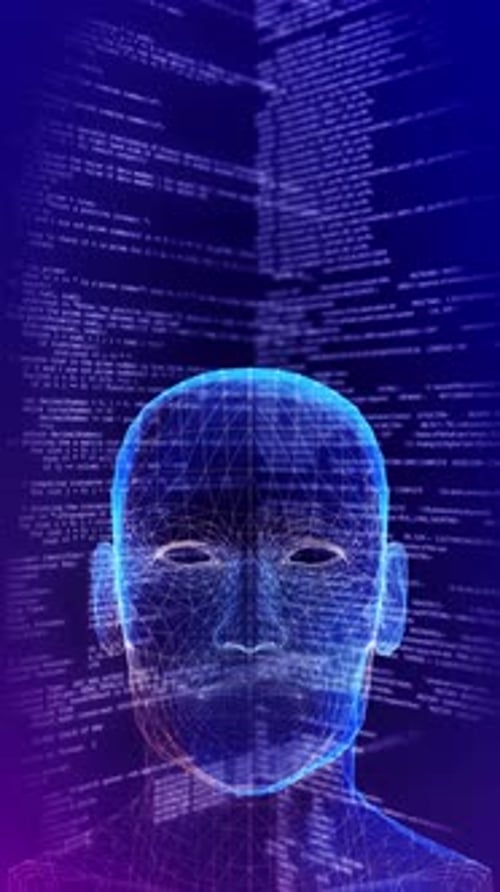 Animated Wireframe Human Head with Scrolling Digital Code