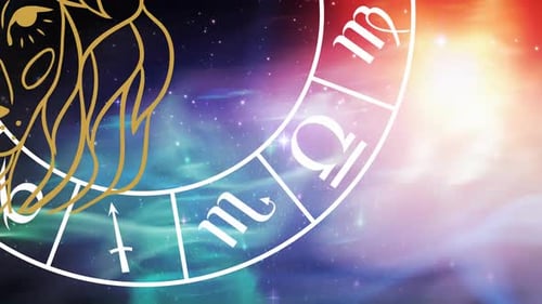 Composition of leo star sign symbol in spinning zodiac wheel over glowing stars