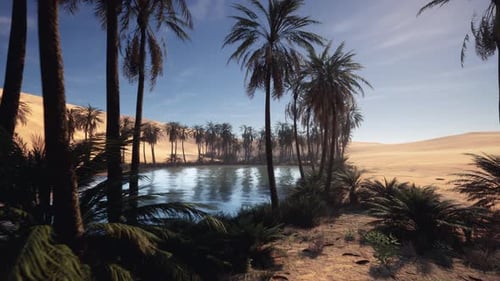 Idyllic Oasis By Tranquil Blue Lake with Shimmering Water and Sandy Shoreline