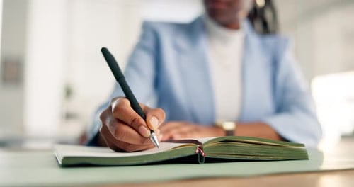 Woman, hands and writing in office with planner for journalism project, story development or agenda