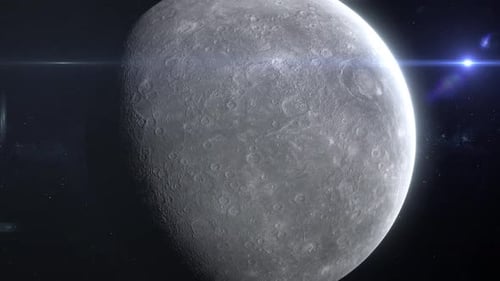 Rotating Cratered Planet in Dark Space with Bright Lens Flare