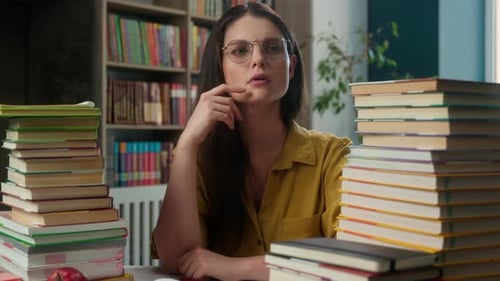 Pensive Thoughtful Caucasian Girl Teacher Female Student Thinking Idea Studying Indoor Library Young
