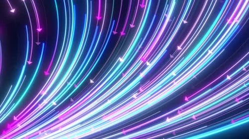 Leuchtender Neonpfeil bewegt sich. Neonpfeilrosa und blauer Richtungshintergrund. Futuristisches Neonlicht Flo