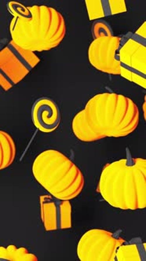 Orange Pumpkins Gift Boxes and Candies Rotating on Black Halloween Background 3D Render Seamless