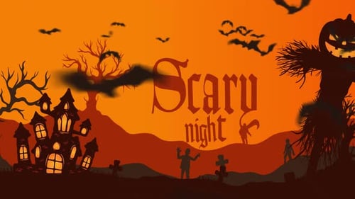 Animated Halloween Night Scene with Bats and Spooky Text Loop