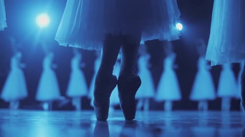 Close up of beautiful ballet dancer's legs in pointe. Woman practices exercises on stage. Ballerina