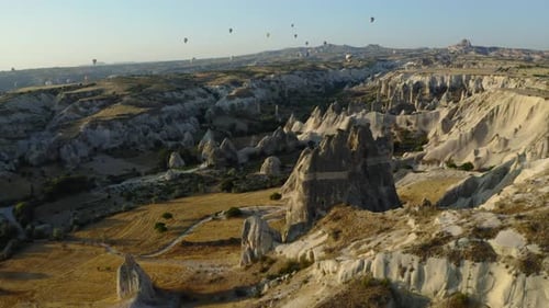 Aerial view of Cappadocia with hot air balloons