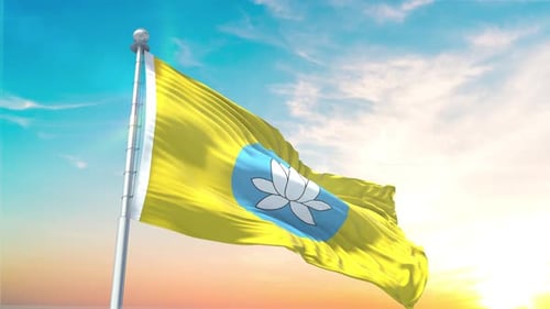 Waving Flag with Lotus Symbol and Bright Sky Background