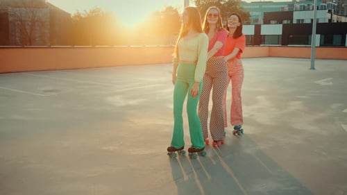 Stylish Young Women Roller Skating at Golden Hour