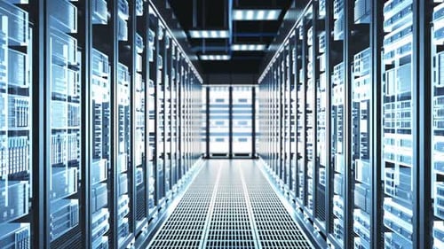 Camera Moves Through Big Working Data Center With Server Racks And Glass Ceiling. 3d Futuristic B...