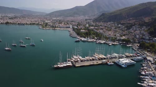 Aerial view of rows of yachts in Fethiye Marina, Turkey