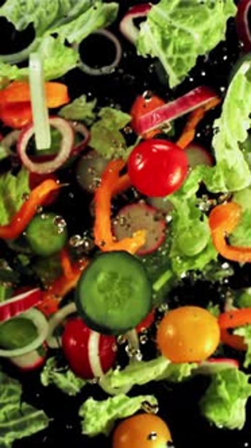 Pieces of Cucumbers Tomatoes Lettuce and Onions Fly Up and Rotate in Flight Top View Filmed on a