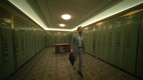 Businessman Entering Bank Safe Vault Room Storing Silver Bullion Inside Deposit