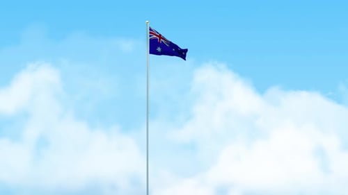 Australian Flag Waving in Blue Sky with Clouds