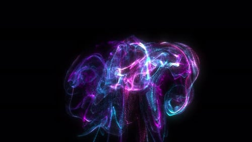 Ondas de fumaça roxas suaves: design 3D dinâmico com partículas brilhantes em um espaço cibernético