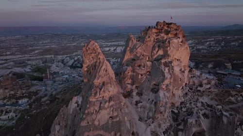 Cave Castle In Cappadocia, At Sunset, Turkey