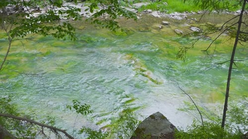 Mountain river water flow. Slow motion.