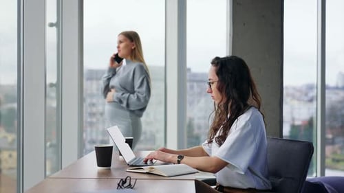 Serious focused on work brunette lady works on laptop.