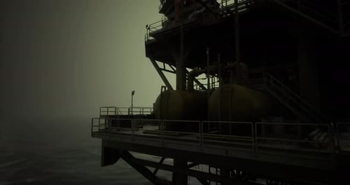 Nighttime Operations on an Oil Rig in Rough Waters Under Cloudy Skies