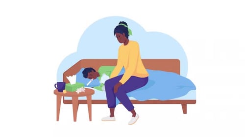 Caring Mother Checks on Sick Child Flat Design Animation