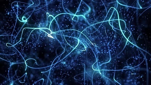 Animation von leuchtenden Neonlinien, die sich vorwärts bewegen, auf reflektierendem Bodenhintergrund