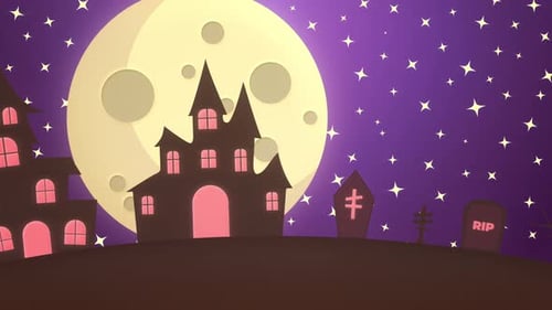 Animated Halloween Spooky Night with Haunted Houses and Full Moon