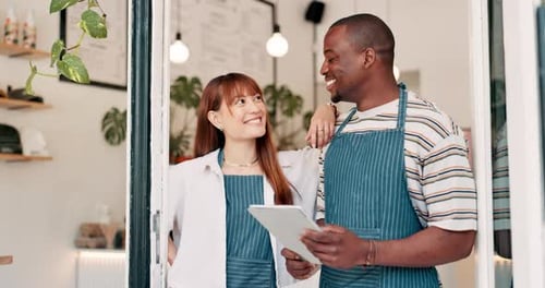 Business owner, team and cafe door for welcome, happy customer service and startup with tablet