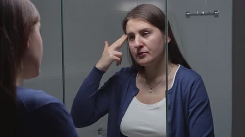 Woman Looking in Mirror Pointing at Head