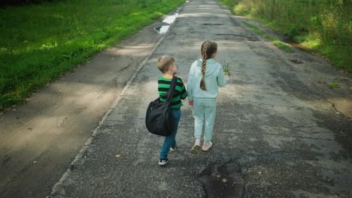 Girl Showing Flower to Brother While Walking on Rural Road