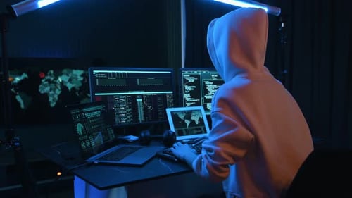 Person Coding in Dark Room with Multiple Monitors