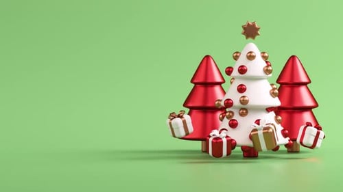 Christmas looping video with animated Christmas trees and gifts on a pastel green background