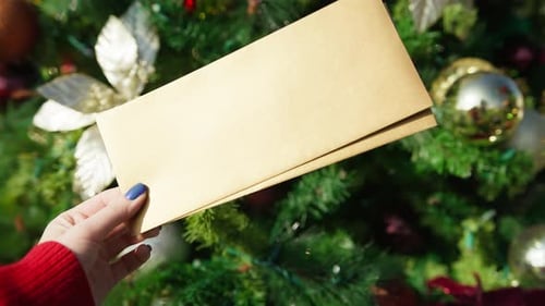 Elegant Golden Envelope on Green Decorated Christmas Tree Holiday Background RED