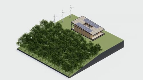 Casa ecológica con turbinas eólicas y árboles