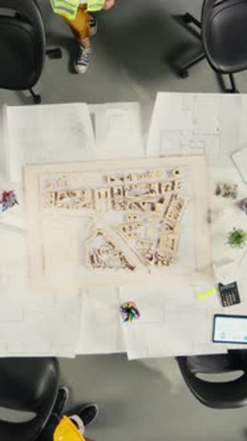 Vídeo vertical Vista desde arriba con zoom de desarrolladores y arquitectos en una reunión de negocios