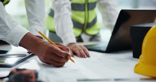 Hands, architect and blueprint with team for drawing in office, design and paper at construction