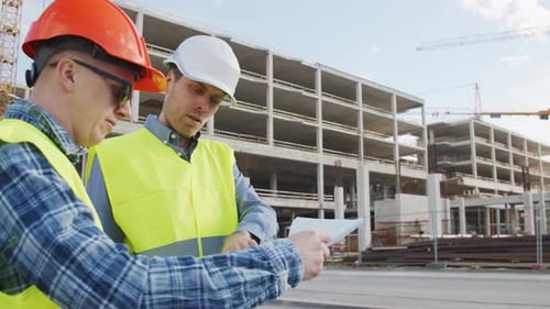 Professional Builders Standing in Front of Construction Site Office Building and Crane Background