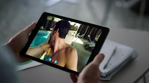 Man Hands Pad Video Chat Working Office Workplace Closeup Guy Talking Friend