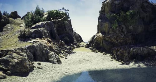 Rocky Coastal Pathway Leads to a Serene Ocean at Midday in a Tranquil Location